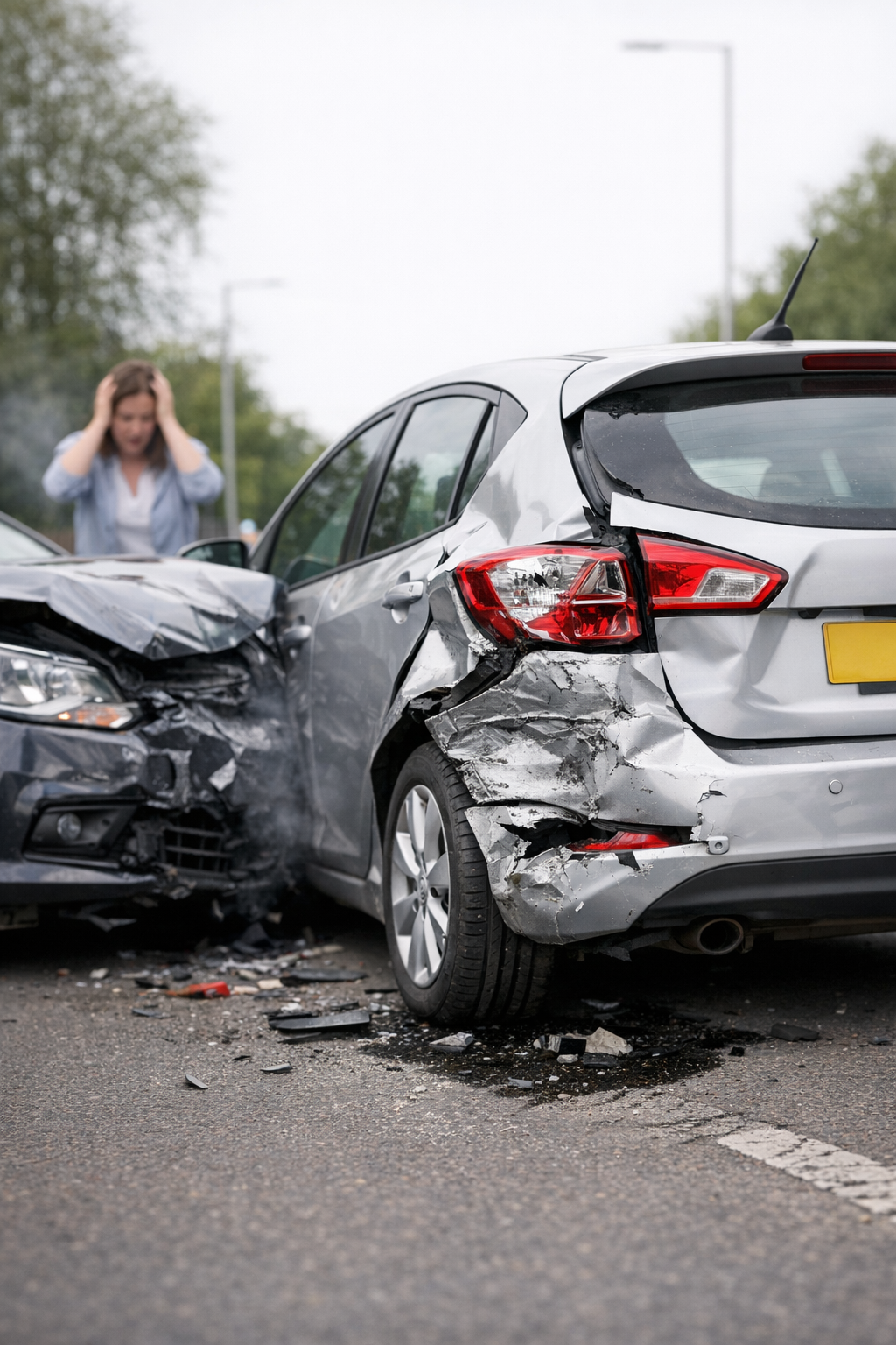 Two cars post accident with woman in background
