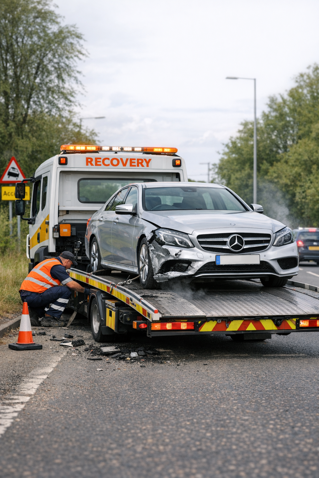 Tow truck with silver E-class 