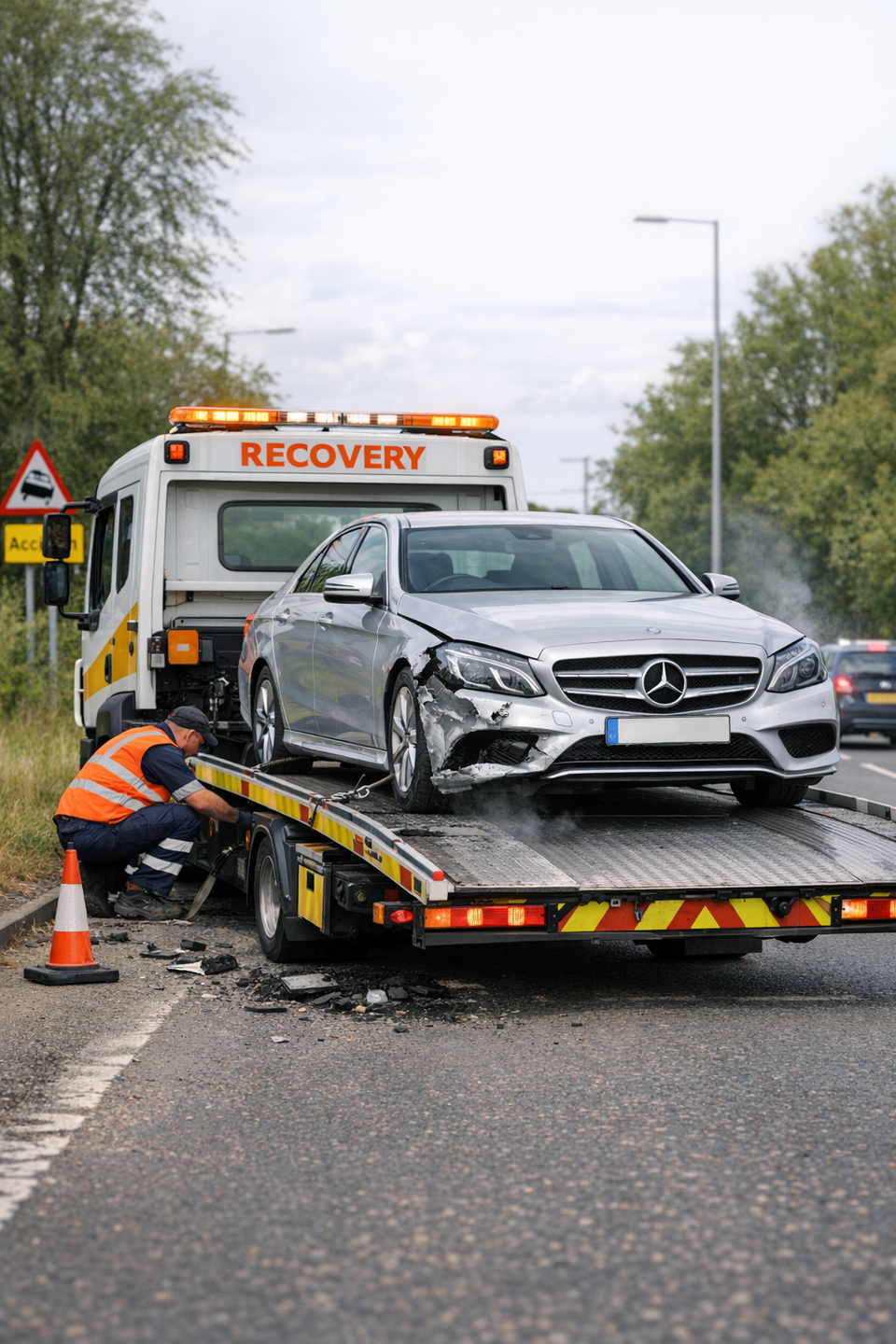Tow truck with silver E-class 