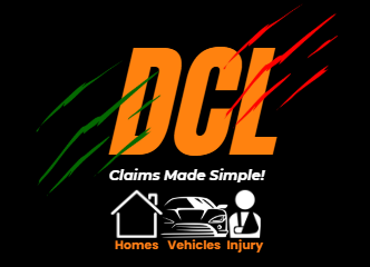 Logo for DCL: "Claims Made Simple!" with icons for homes, vehicles, and injury claims against a black background.