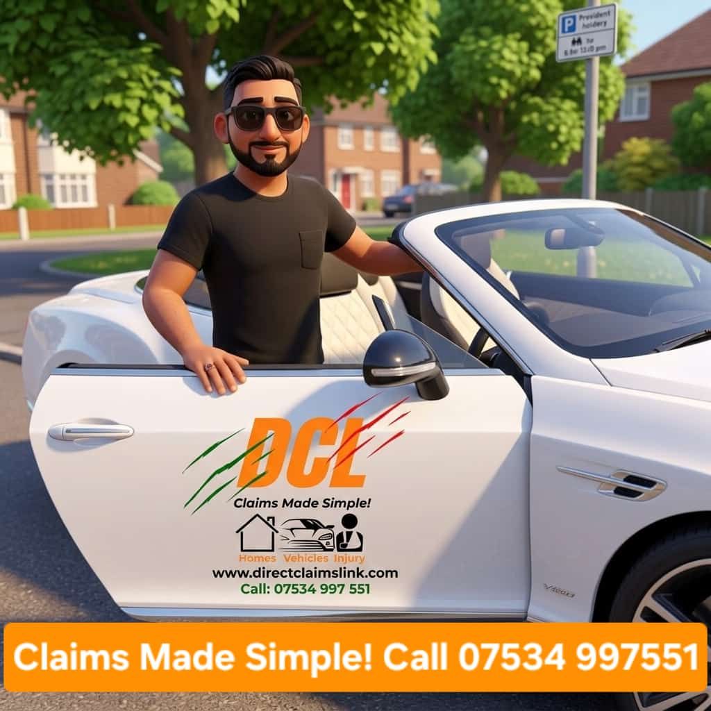 A cartoon character stands by a white convertible car with a DCL logo, website, and phone number on the door.