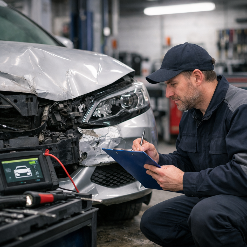 Silver Mercedes damage being assessed 2