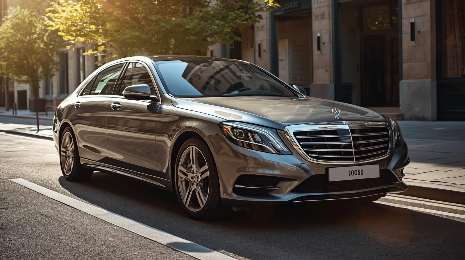 A silver Mercedes-Benz S-Class sedan parked on a city street bathed in warm, golden afternoon sunlight.