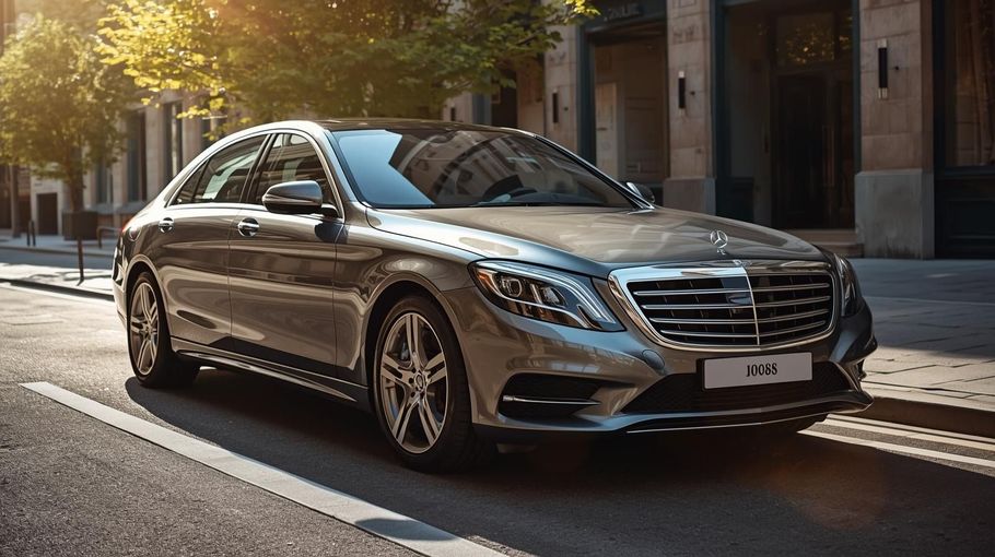 A silver Mercedes-Benz S-Class sedan parked on a city street bathed in warm, golden afternoon sunlight.