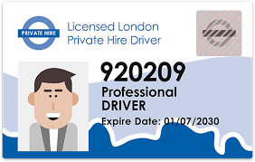A London private hire driver identification card featuring a driver's photo, ID number 920209, and expiry date 01/07/2030.