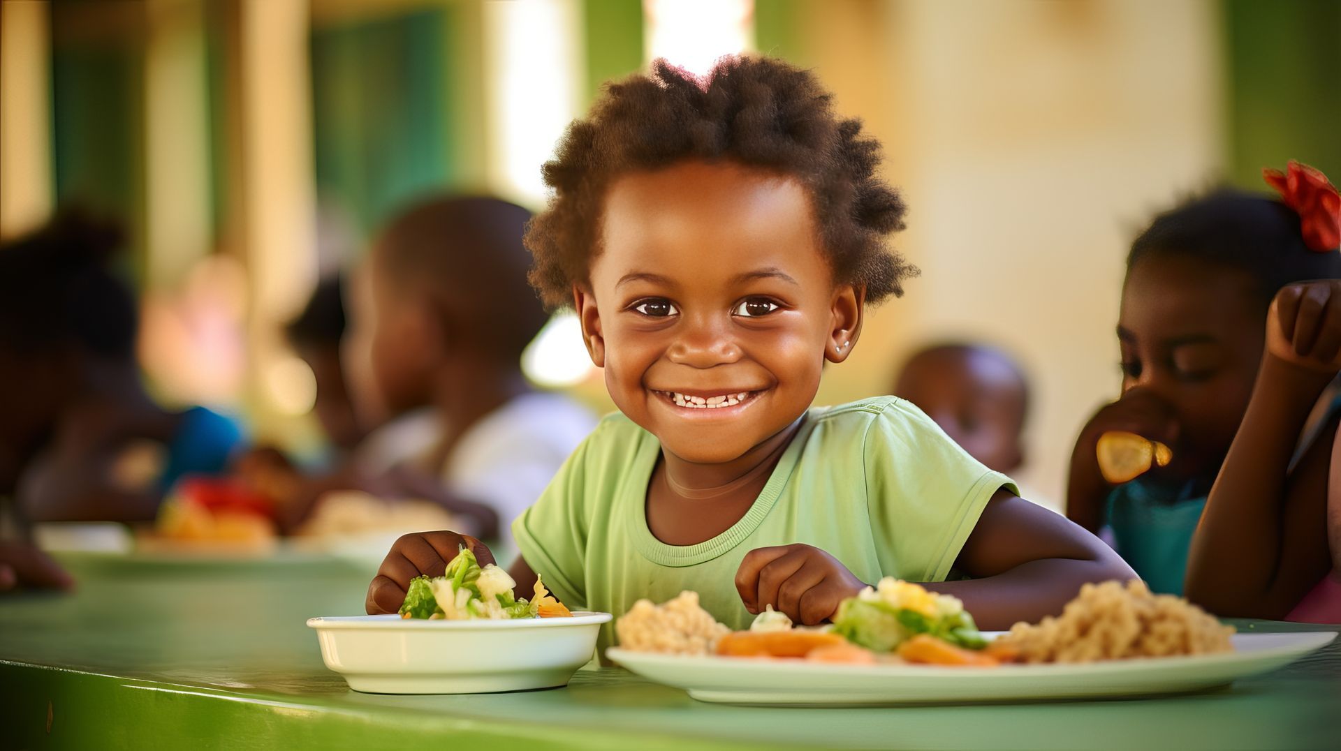 A little girl is smiling while sitting at a table with a plate of food.