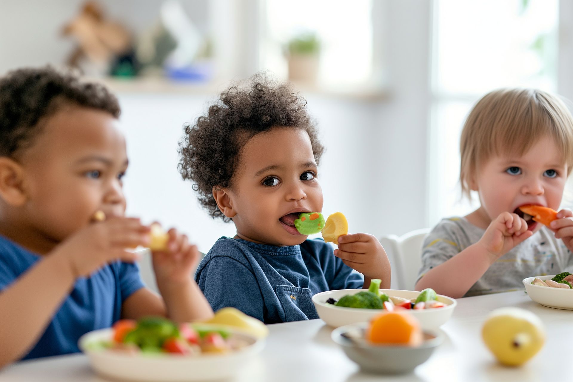Three children are sitting at a table eating healthy food.