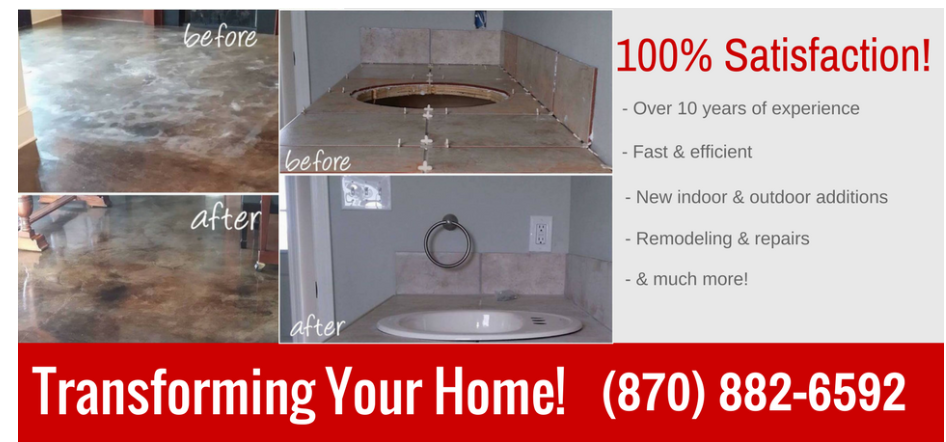 An advertisement for home renovation services, featuring before and after photos of a floor and a sink, and phone number.