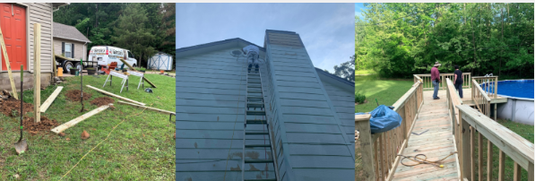 Three-panel photo showing deck construction: wooden frame setup, work on a house exterior, and a completed pool ramp.