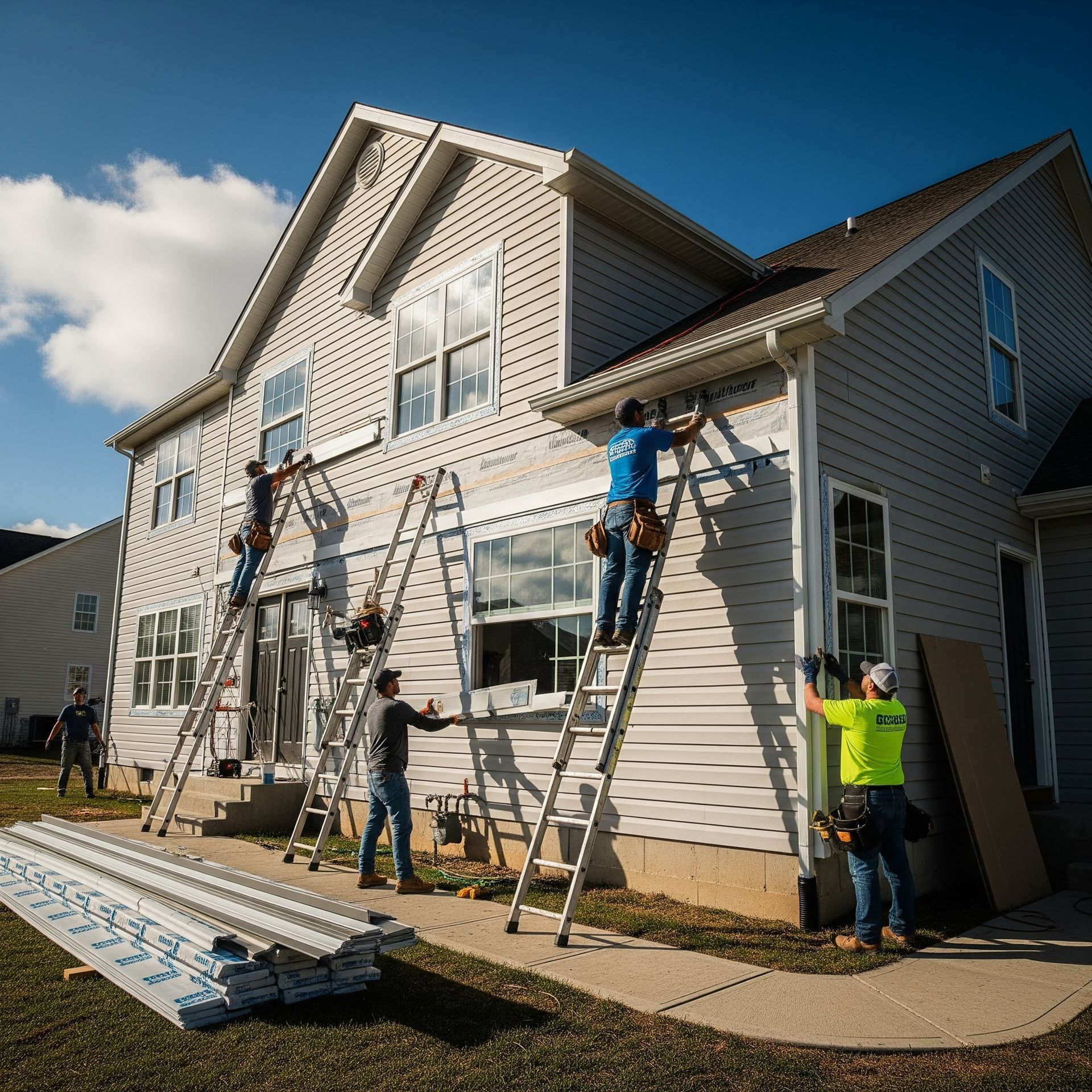 A group of men are working on the side of a house.