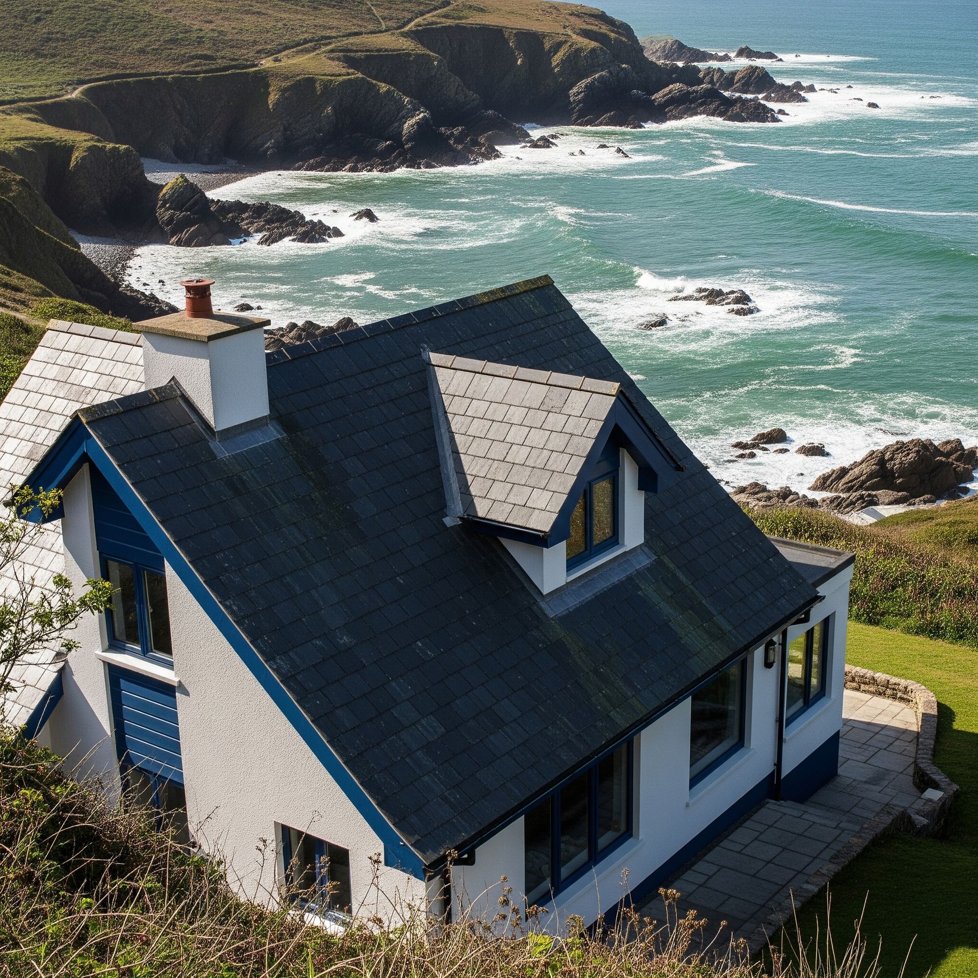 A white house with a blue trim sits on a hill overlooking the ocean