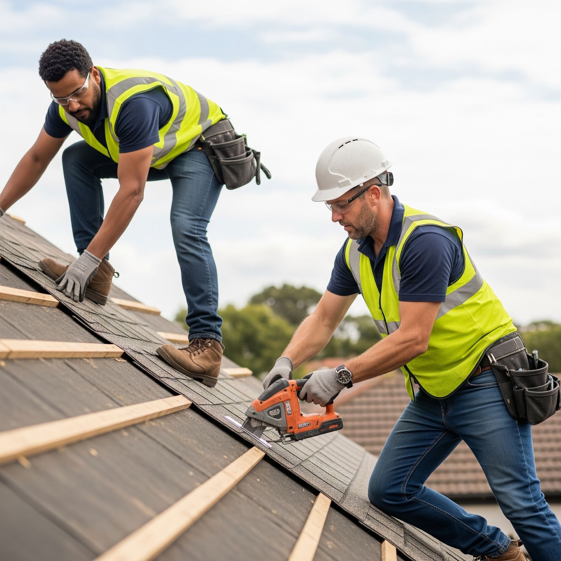 Two men are working on the roof of a building.