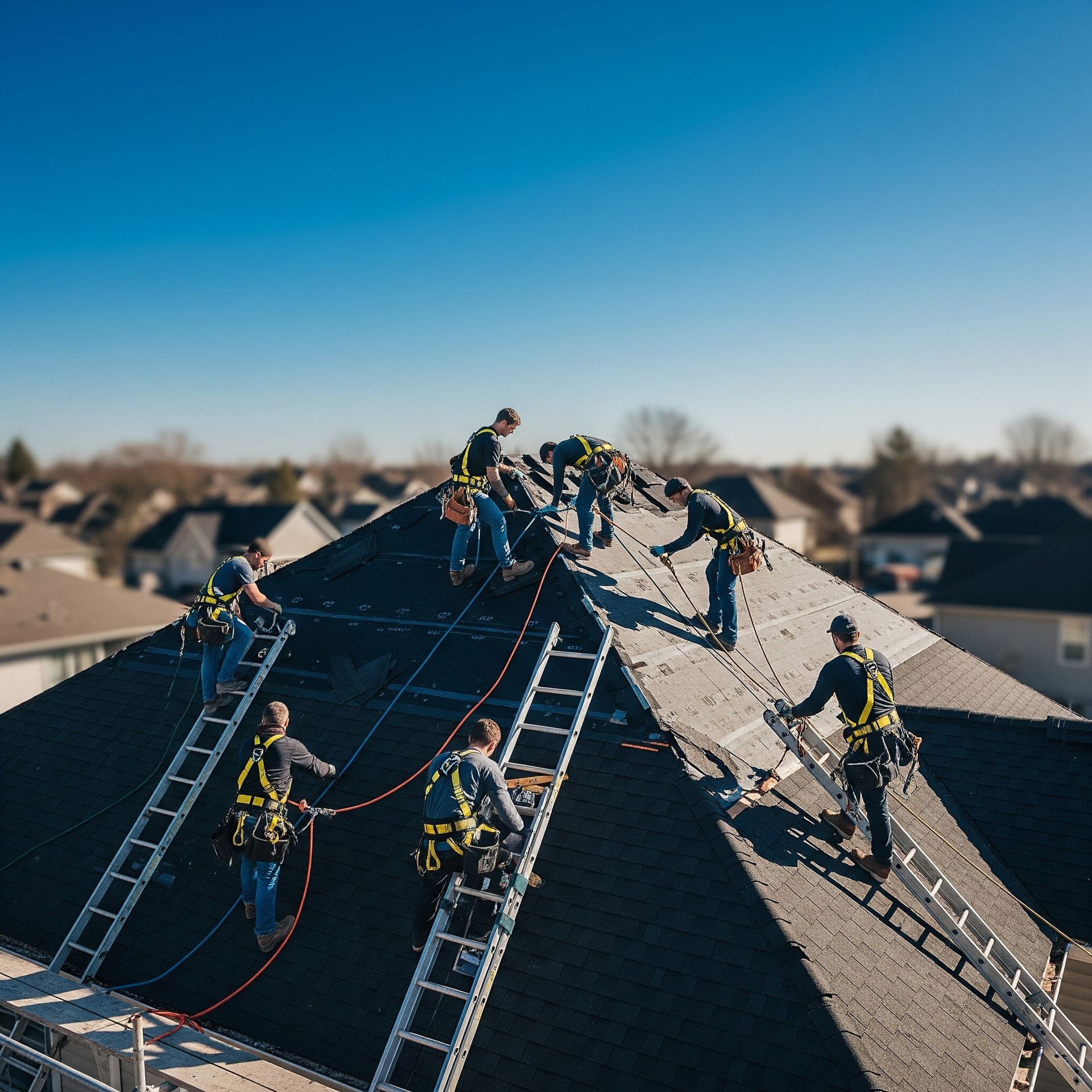 A group of men are working on the roof of a house