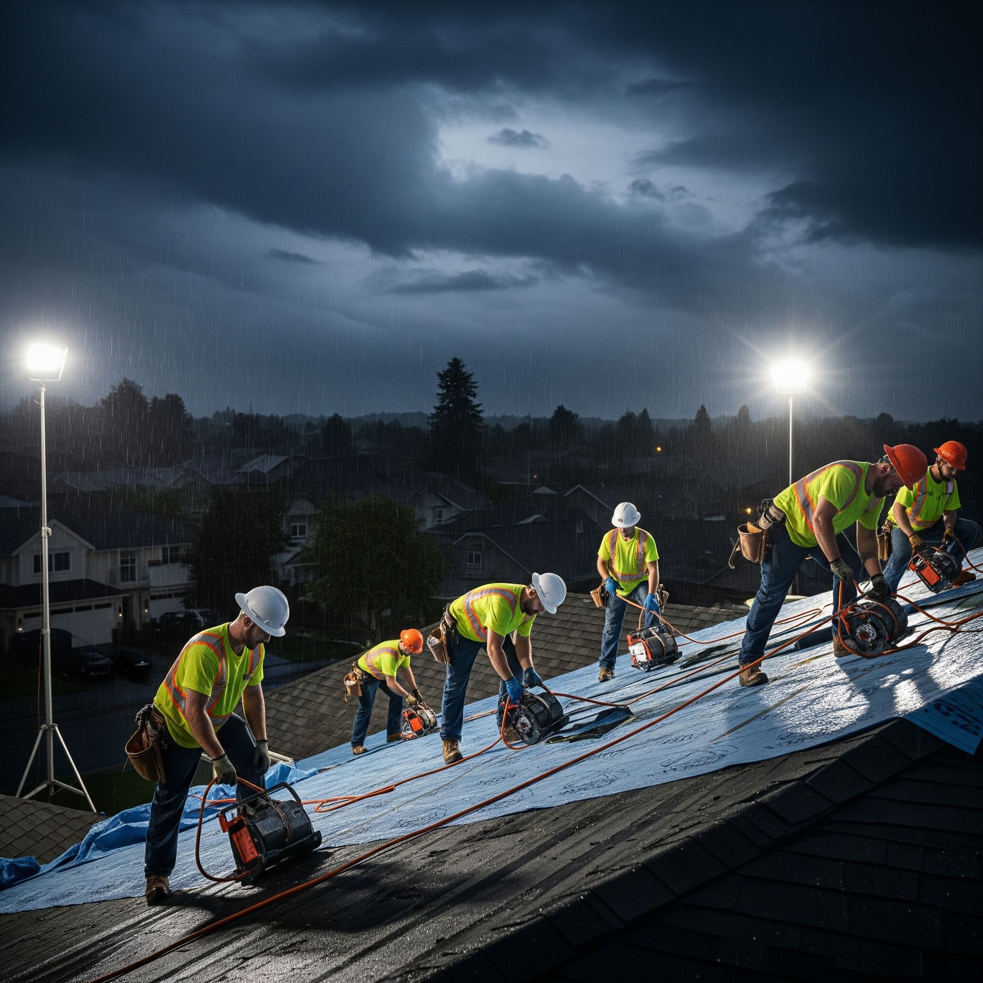 A group of construction workers are working on a roof at night.