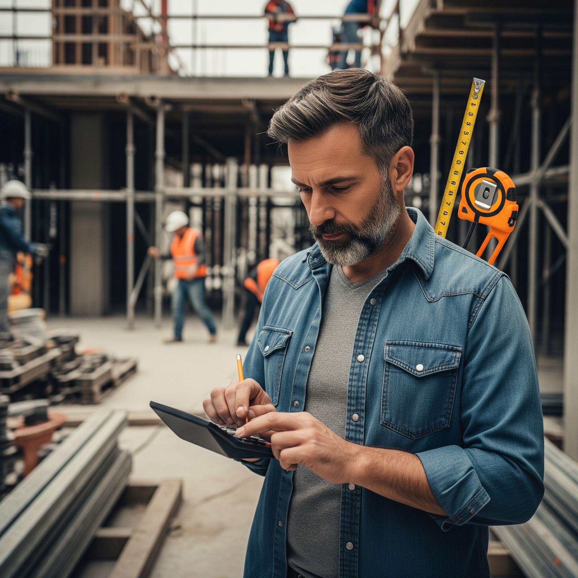 A man is using a tablet at a construction site.