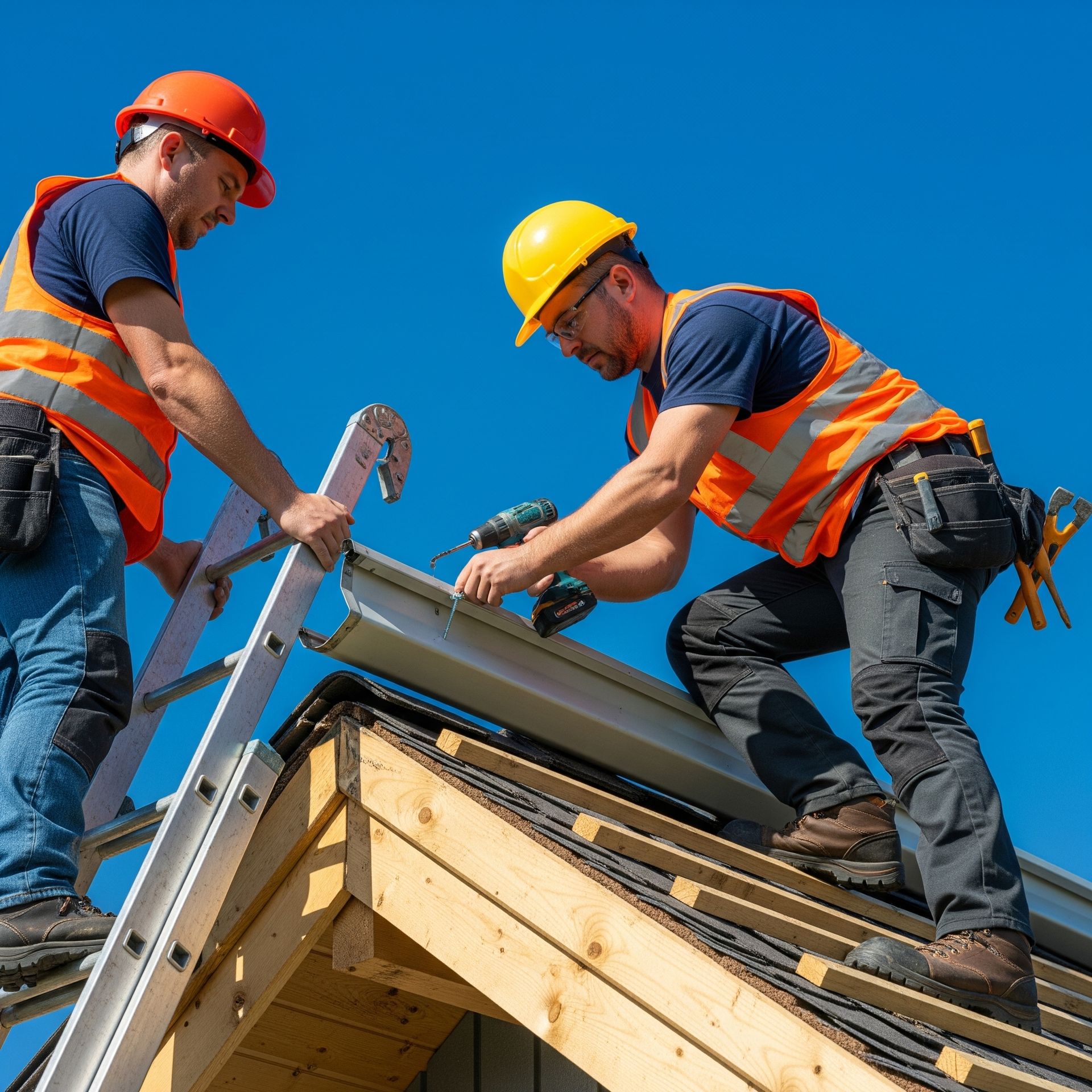Two workers are working on the roof of a building