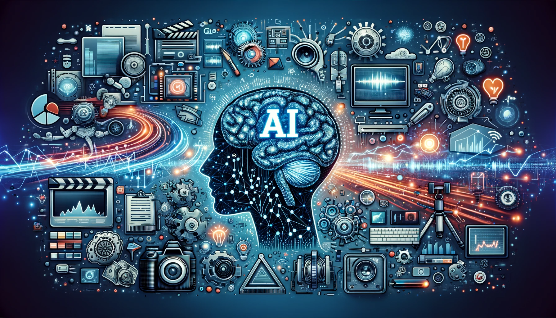 a silhouette of a human head with a brain surrounded by technology icons .