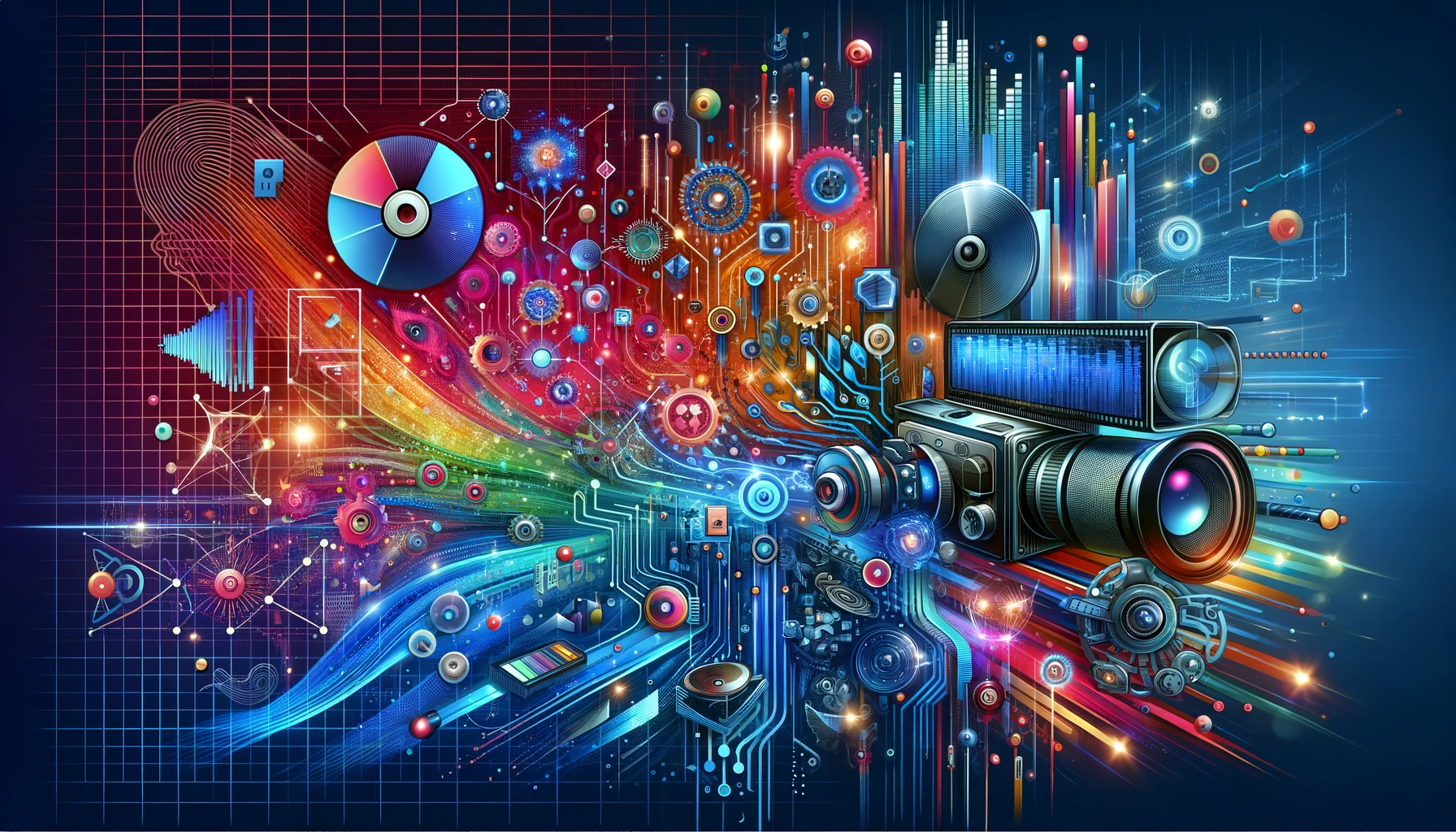 a camera is surrounded by colorful objects on a blue background .