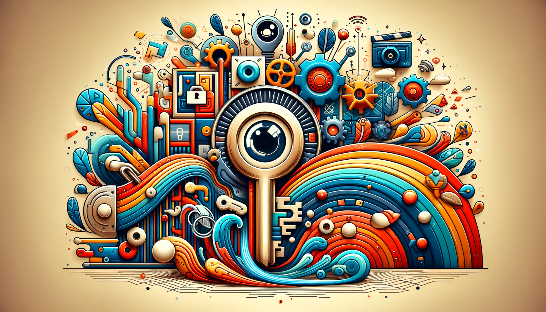 a colorful illustration of a camera surrounded by gears and waves .