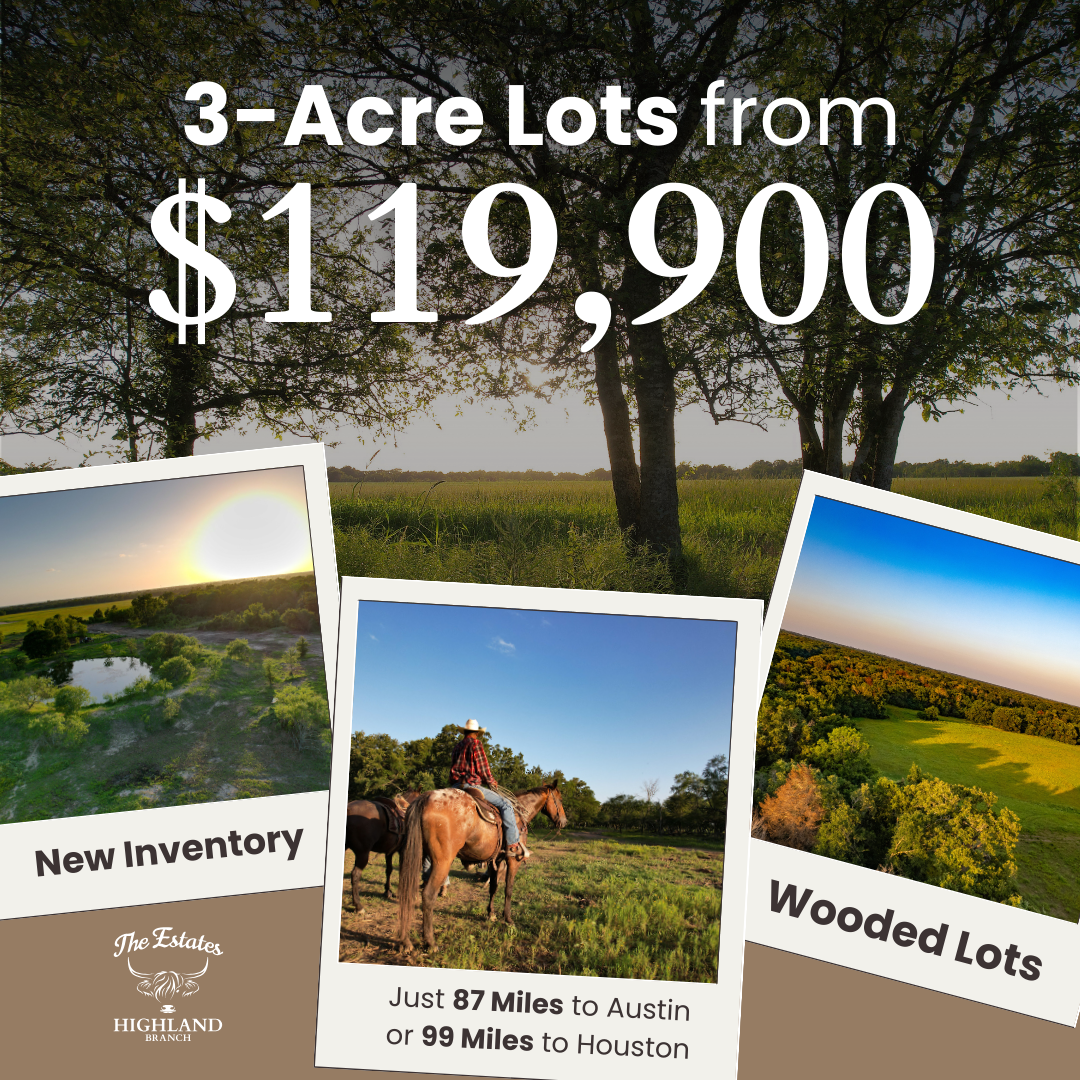 Real estate advertisement: 3-acre lots for sale. Features wooded lots and new inventory. Located near Austin and Houston.