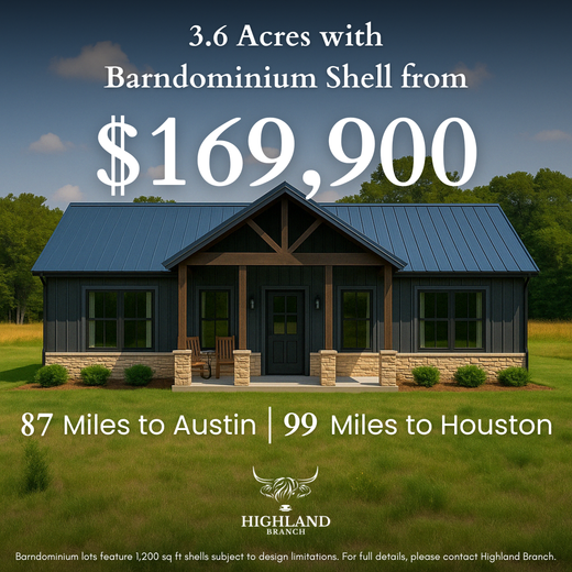 6 acres with barndominium shell from $ 259,900