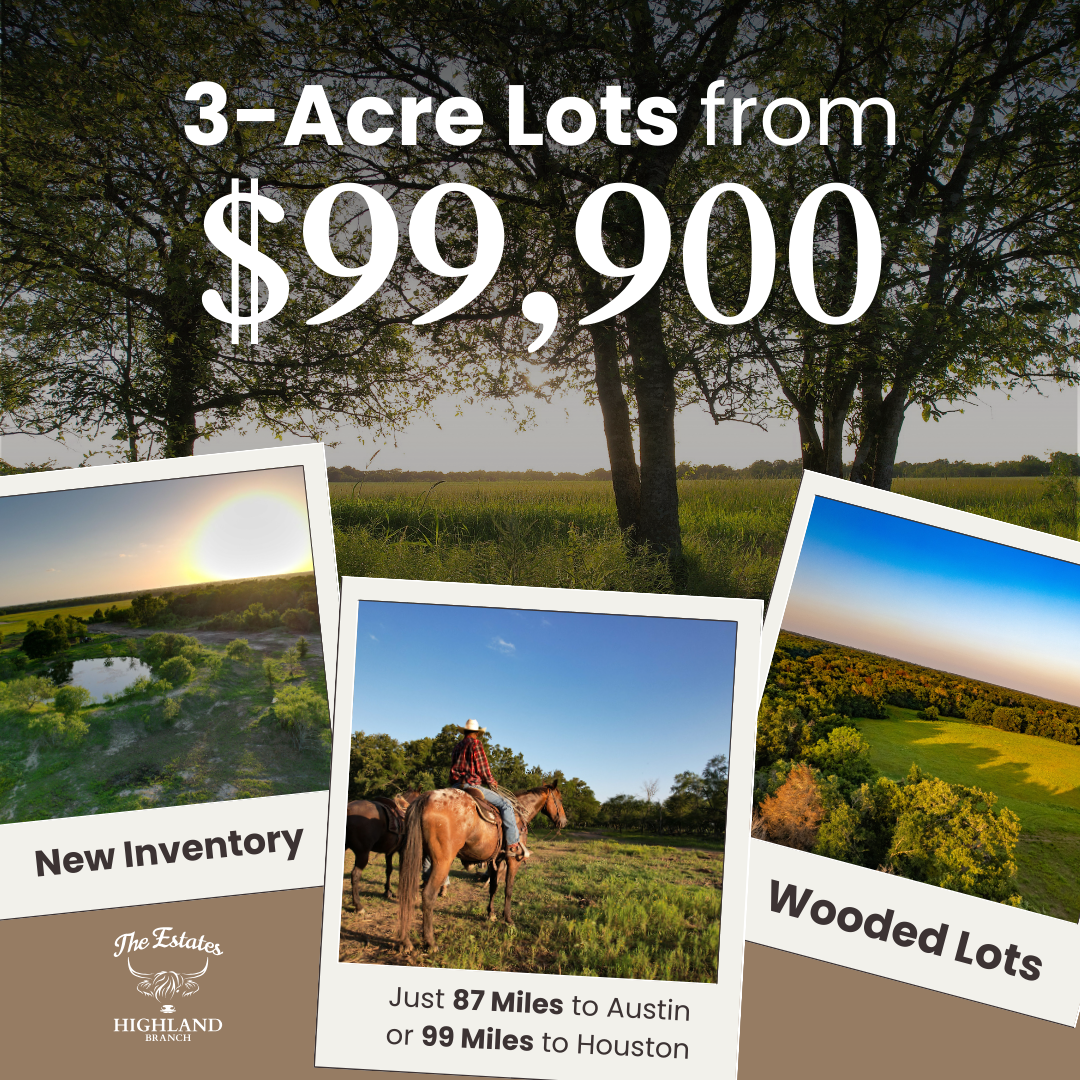 Real estate advertisement: 3-acre lots from $99,900. Features wooded lots and new inventory. Located near Austin and Houston.