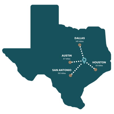 Location of Highland Branch, a short drive from Austin, Dallas and Houston