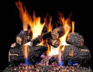 Warm fireplace with burning flames and wooden logs.