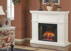 White fireplace with blue and white rug in cozy living room.