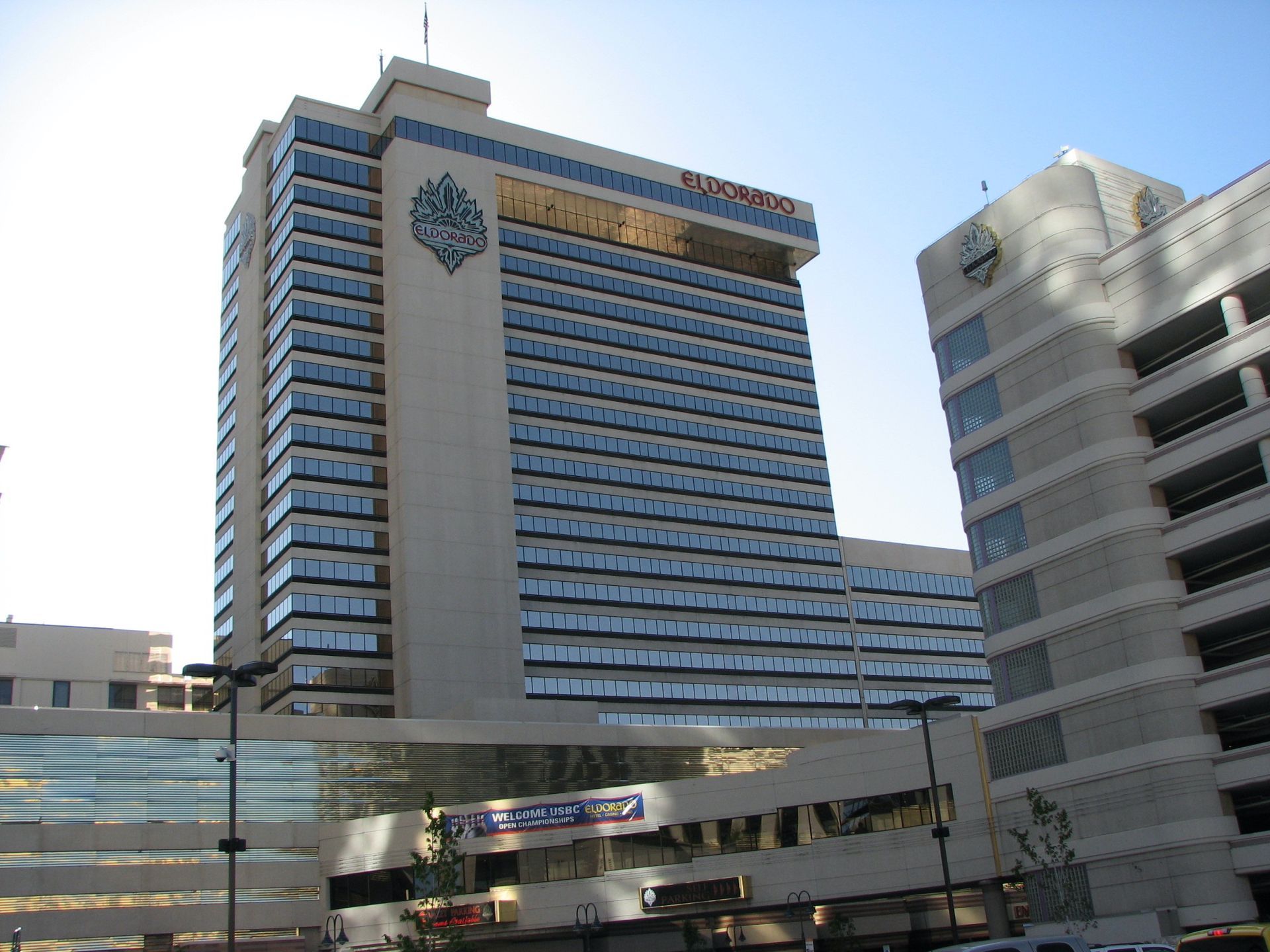 A tall building with a crown on the top of it