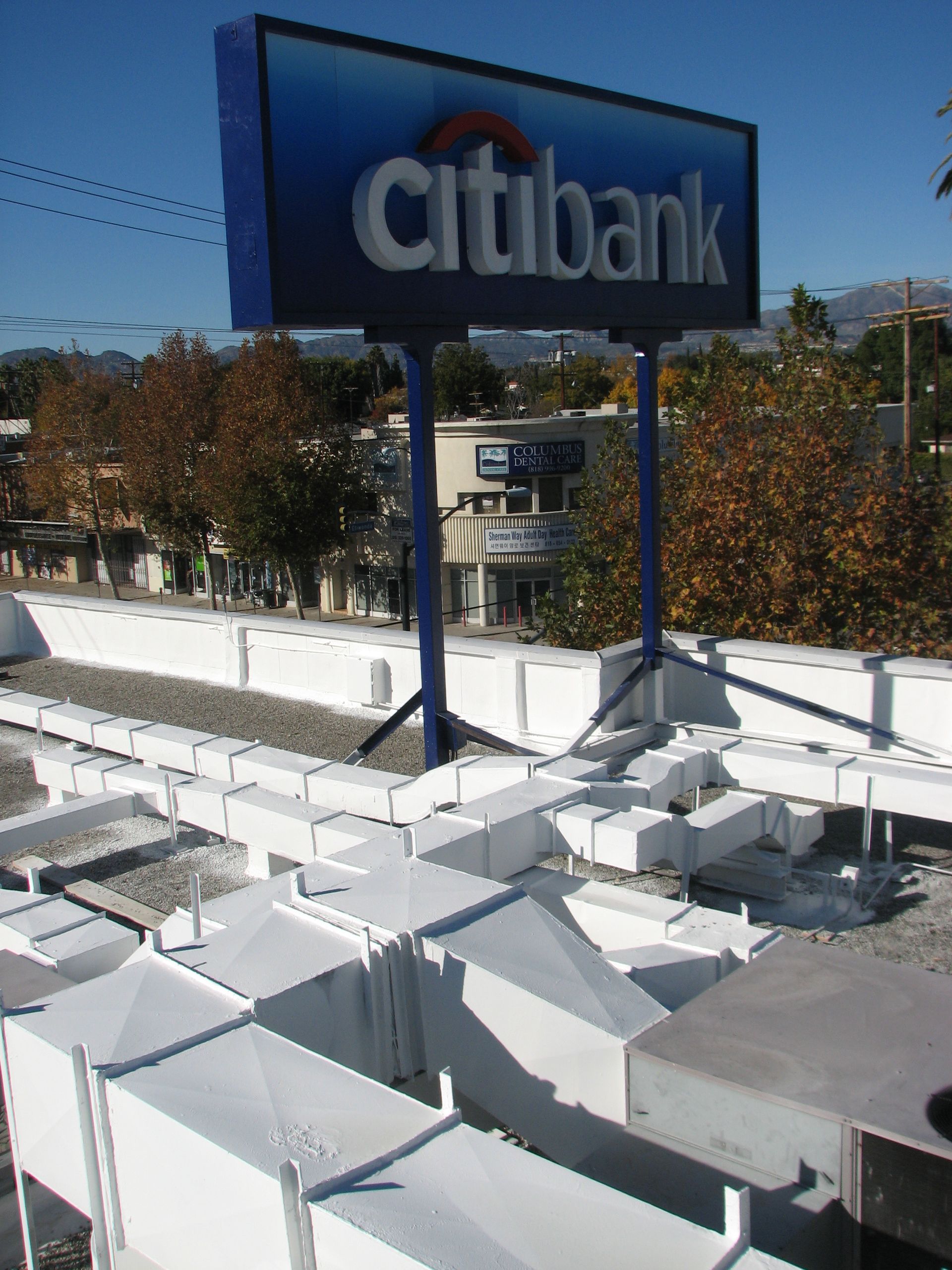 Citibank sign atop a building. Blue background, white text. Daytime, city setting.