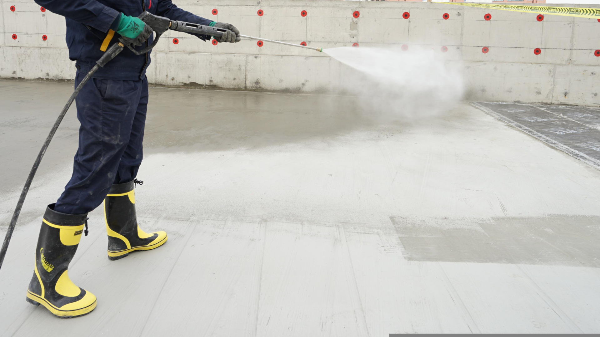 A man is spraying a concrete floor with a high pressure washer.