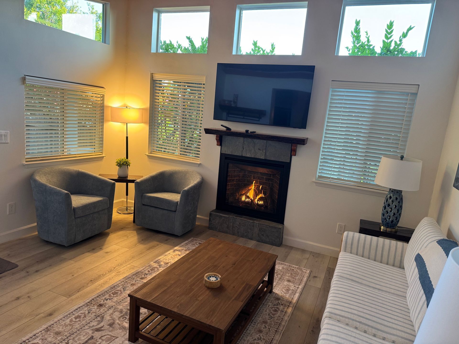 Living room with fireplace, TV, seating, and windows.