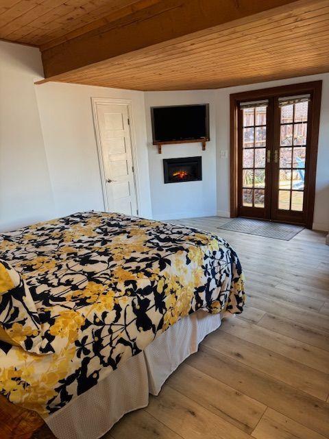 Bedroom with bed, fireplace, TV, and French doors leading outside.