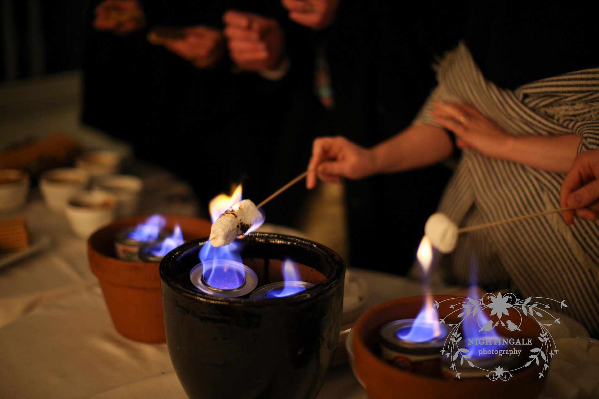 A group of people are roasting marshmallows over a fire.