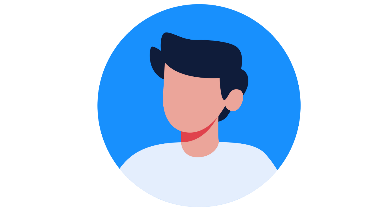 Avatar of a person with dark hair and no facial features in a blue circle, wearing a white shirt.