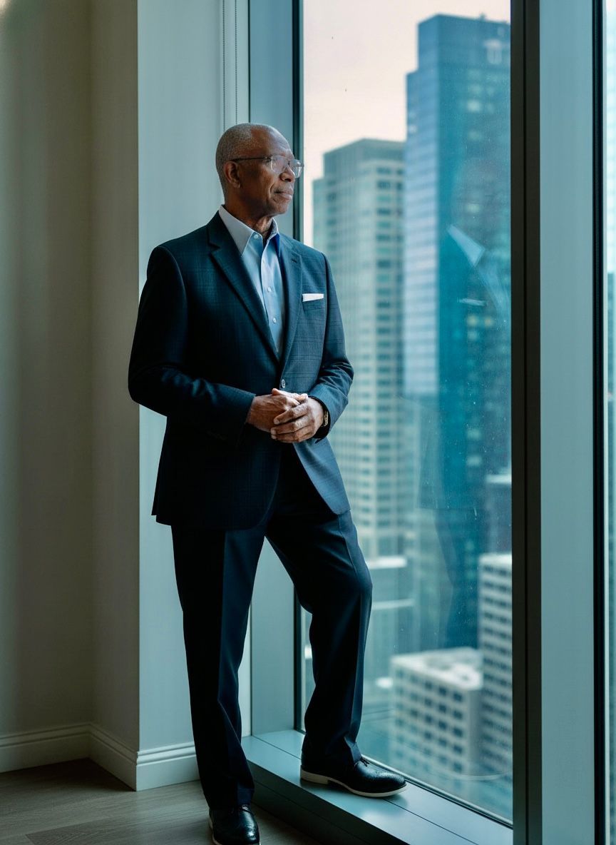 Man in suit looks out a large window at a cityscape; hands clasped, serious expression.