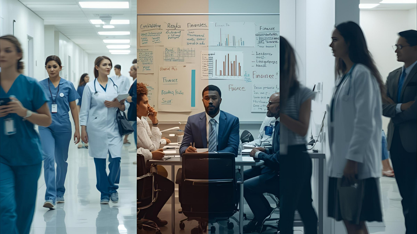 Hospital scene: medical professionals walking in hallway and working at desk with whiteboard.