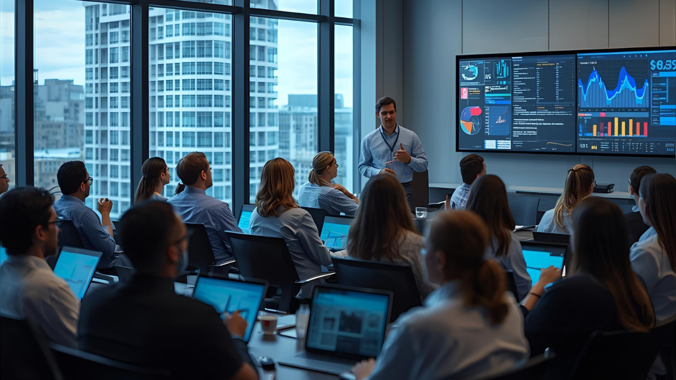 A man presents data on screens to a group in a modern office with a city view.