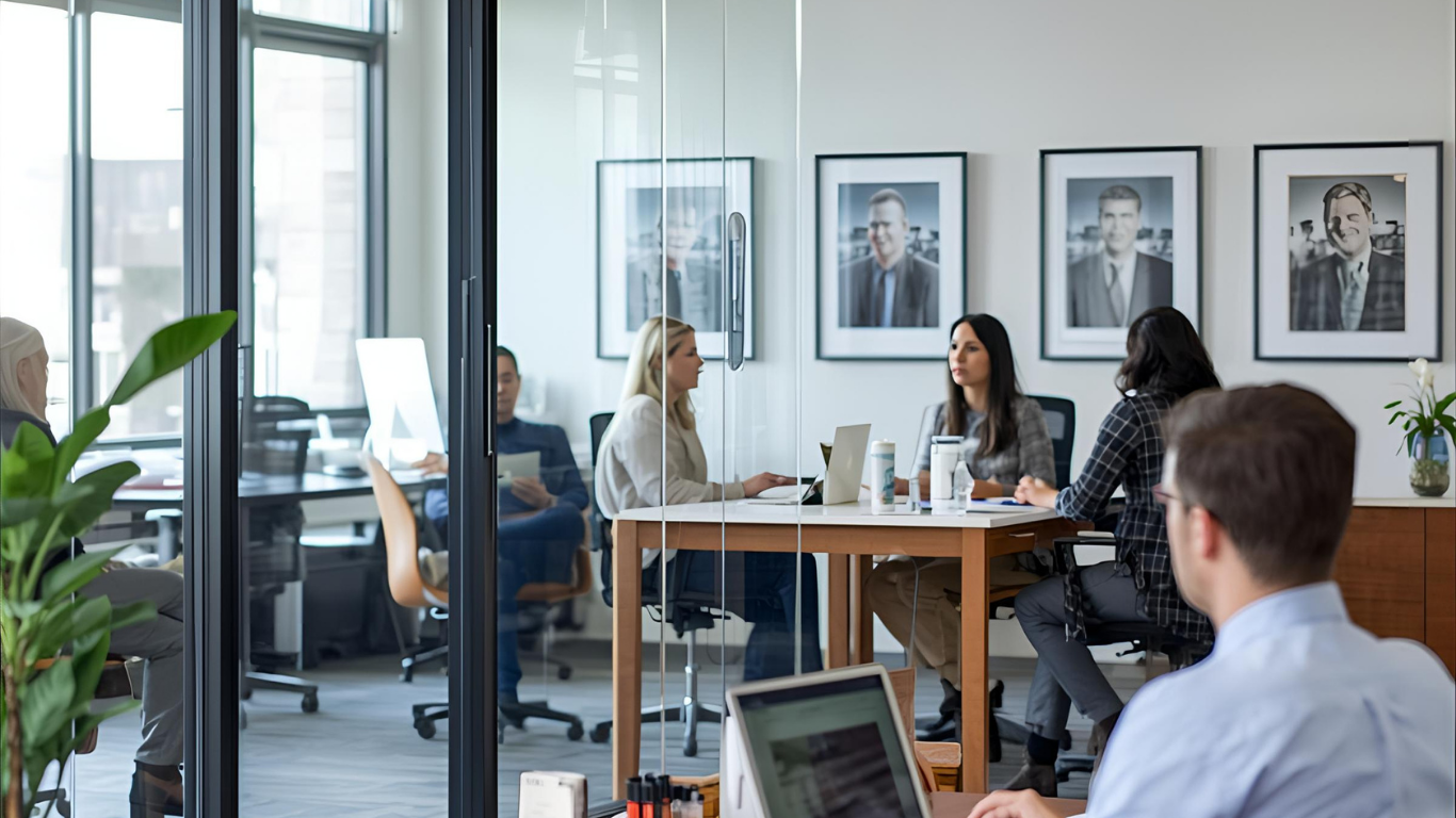 Office meeting with people seated at a table, discussing. Portraits on the wall, view through a glass wall.