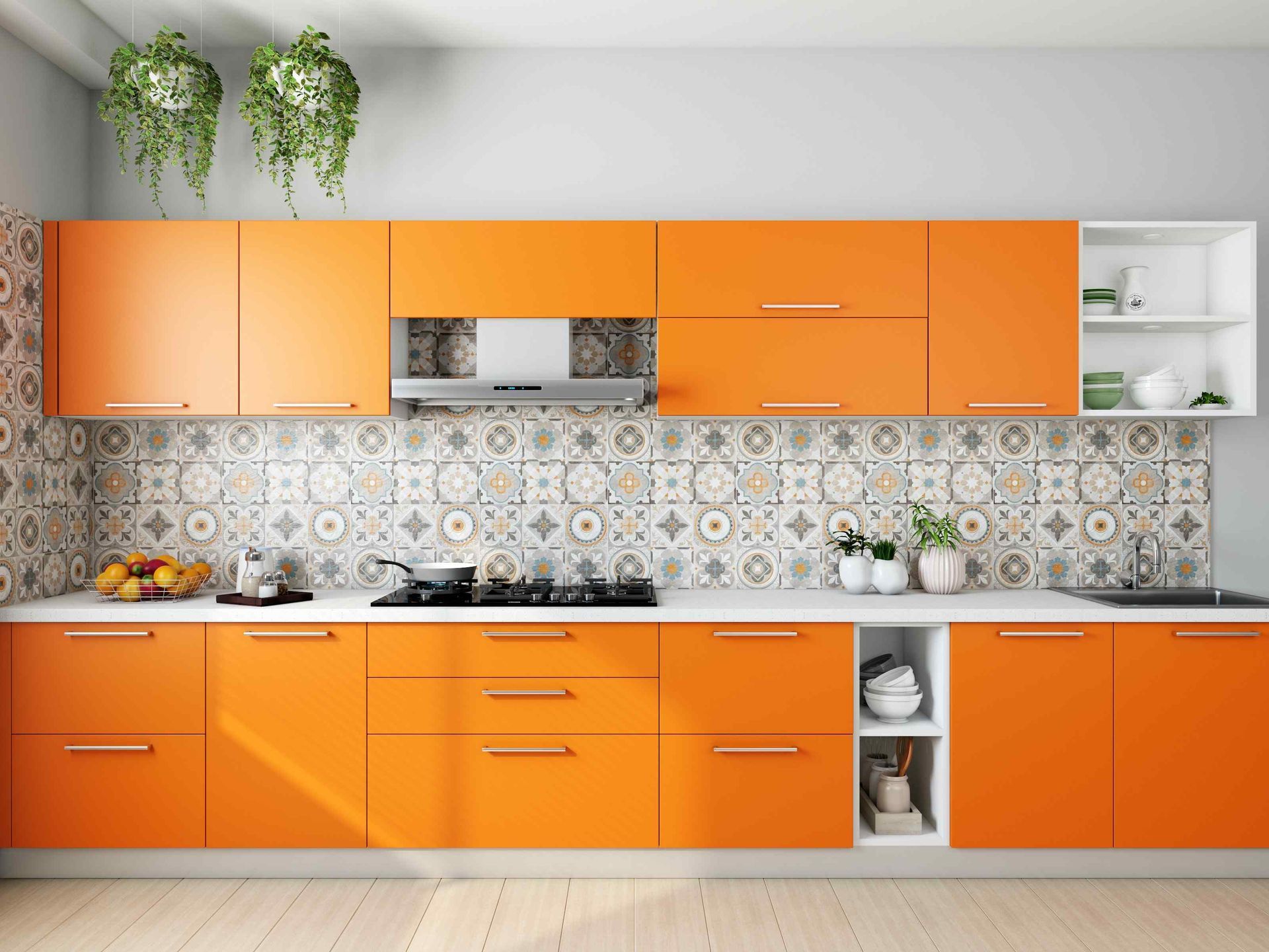 bright orange modern cabinets with silver hardware