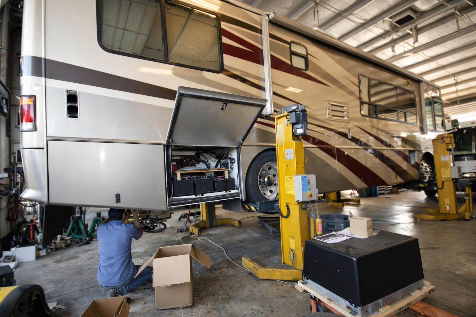 A mechanic works on the undercarriage of a large RV lifted by hydraulic yellow jacks in a maintenance garage.