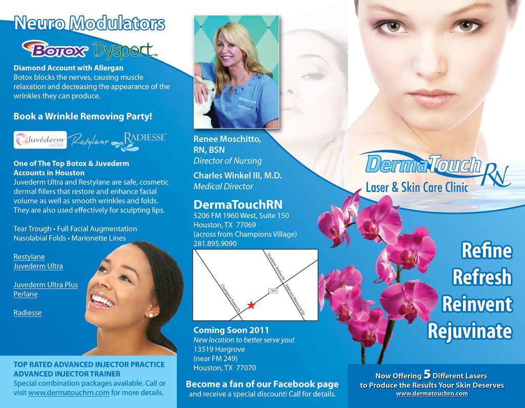 A brochure with a woman 's face and the words refine refresh reinvent rejuvenate