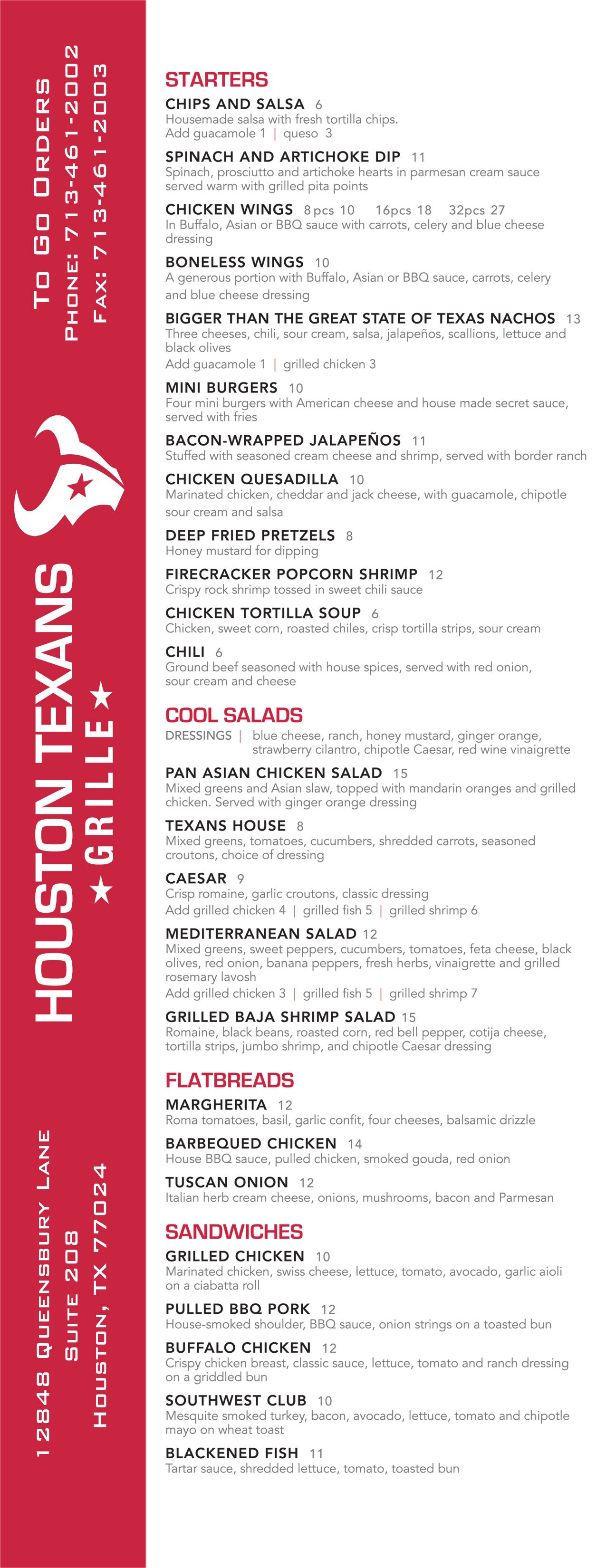 A menu for a restaurant called houston texans grill