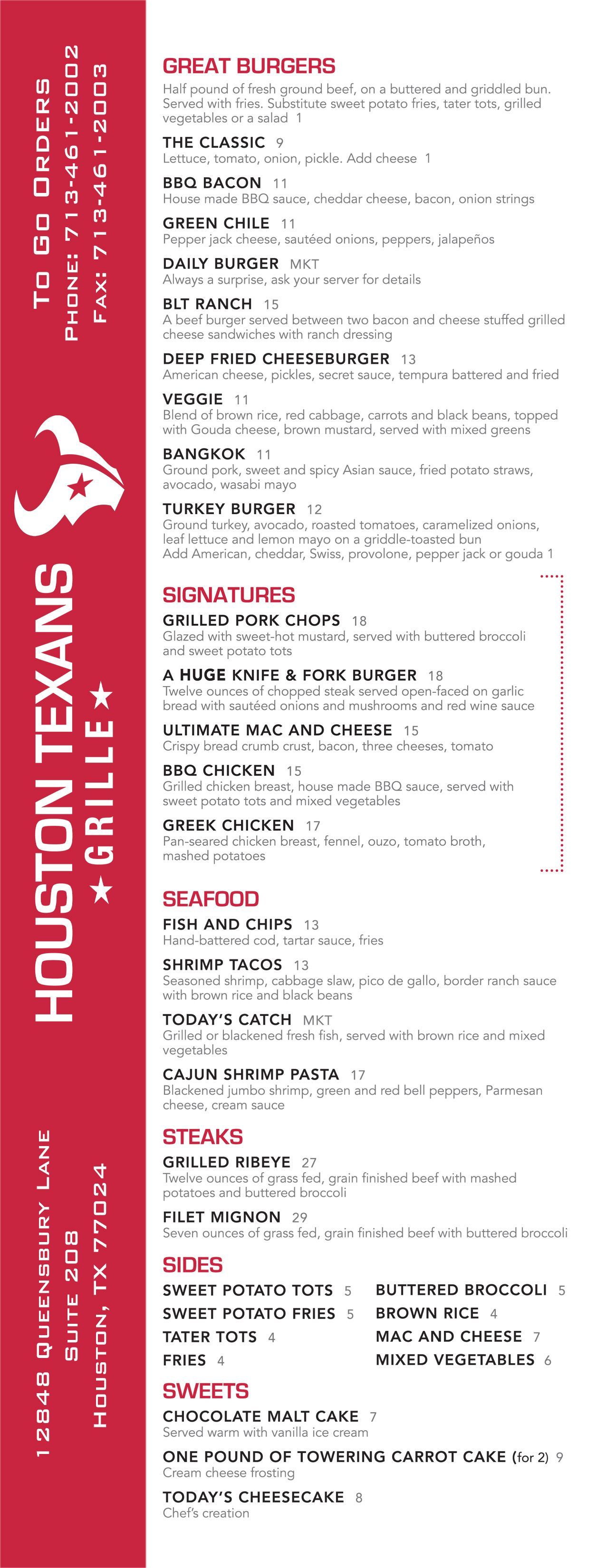 A menu for a restaurant called houston texans grill