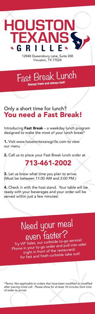 A menu for a restaurant called houston texans grill