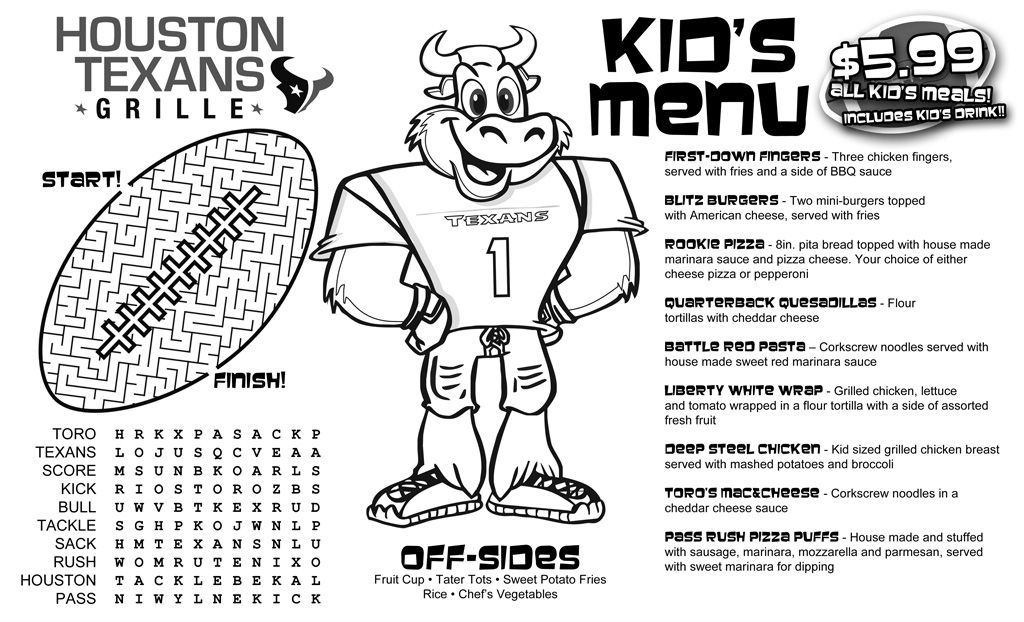 A kid 's menu for houston texans grille