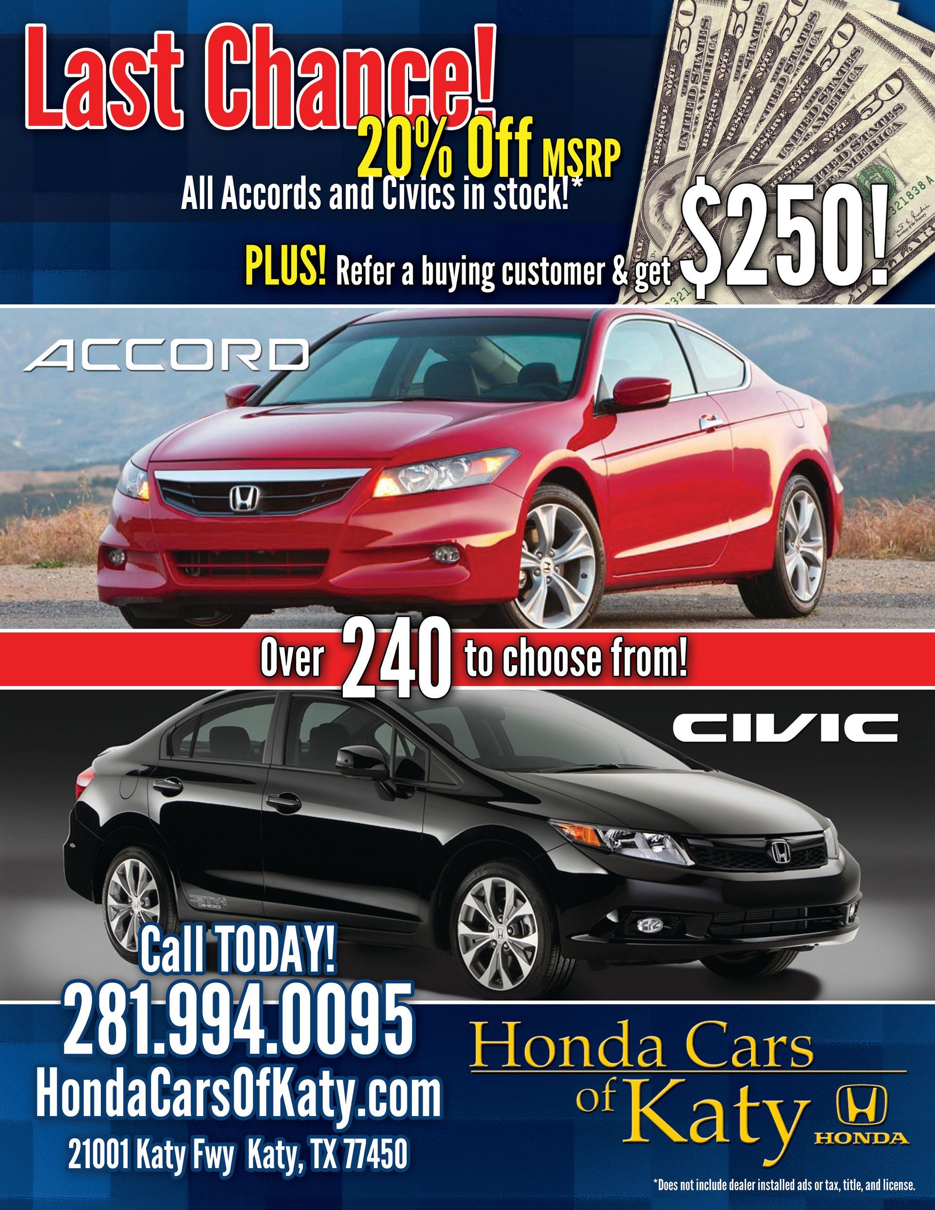 An advertisement for honda cars of katy shows a red accord and a black civic