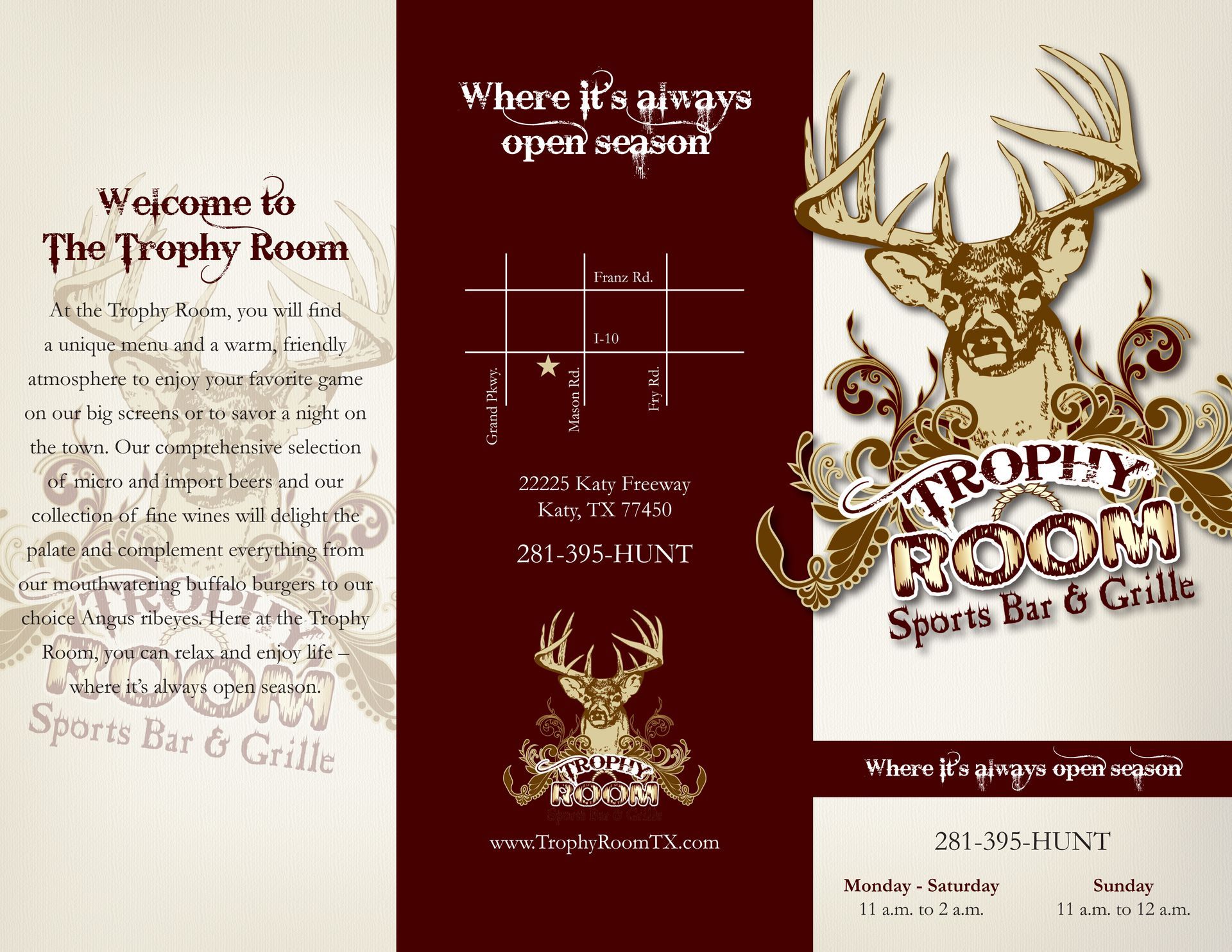 An advertisement for the trophy room sports bar & grille