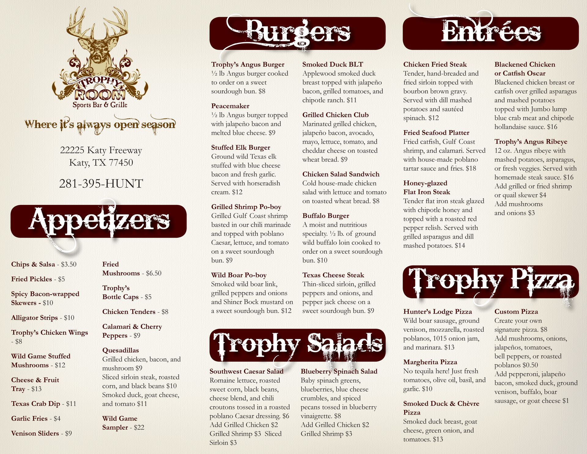 A menu for a restaurant includes appetizers burgers entrees and trophy pizza